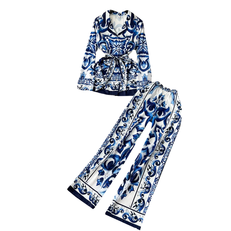 HIGH QUALITY TWO-PIECE NOTCHED COLLAR PORCELAIN PRINTED DRESS