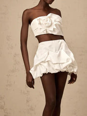 Two Twin Solid Strapless Spliced 3D Flower Two Piece Set