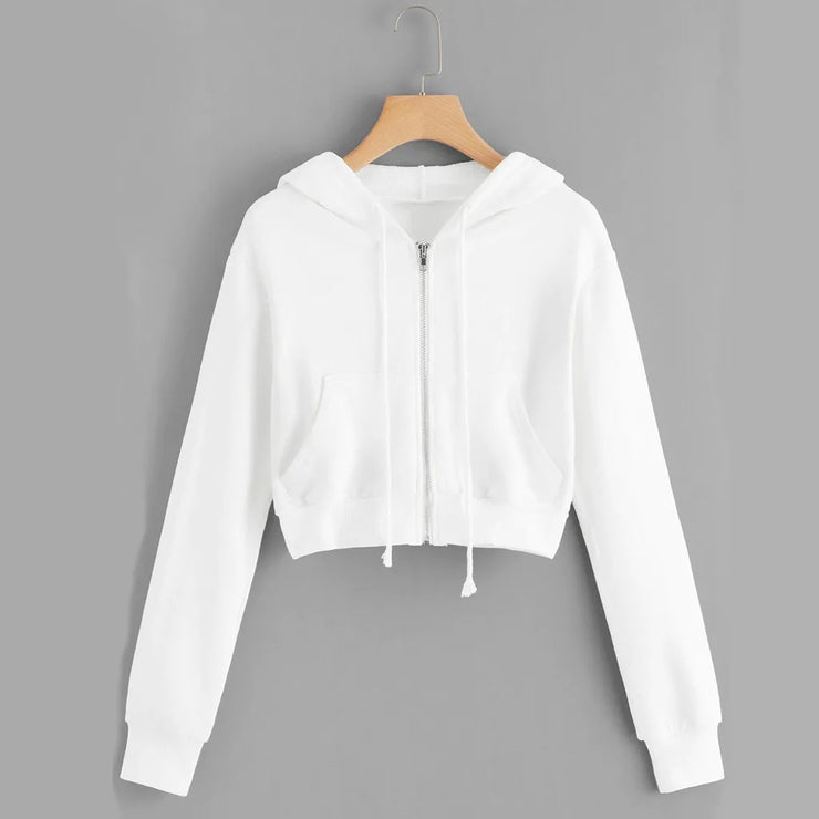 White Zip Up Hoodie Drawstring Long Sleeve