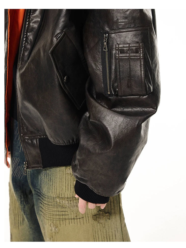 Handsome Oversized Distressed Pu Leather Jacket for Men