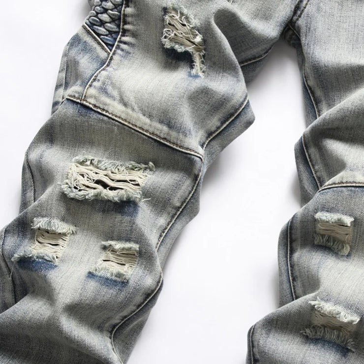 New Men's Nostalgic Retro Ripped Embroidered Jeans
