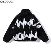 FAUX FUR LETTER PRINTRD STREETWEAR FLEECE  JIPPER COAT