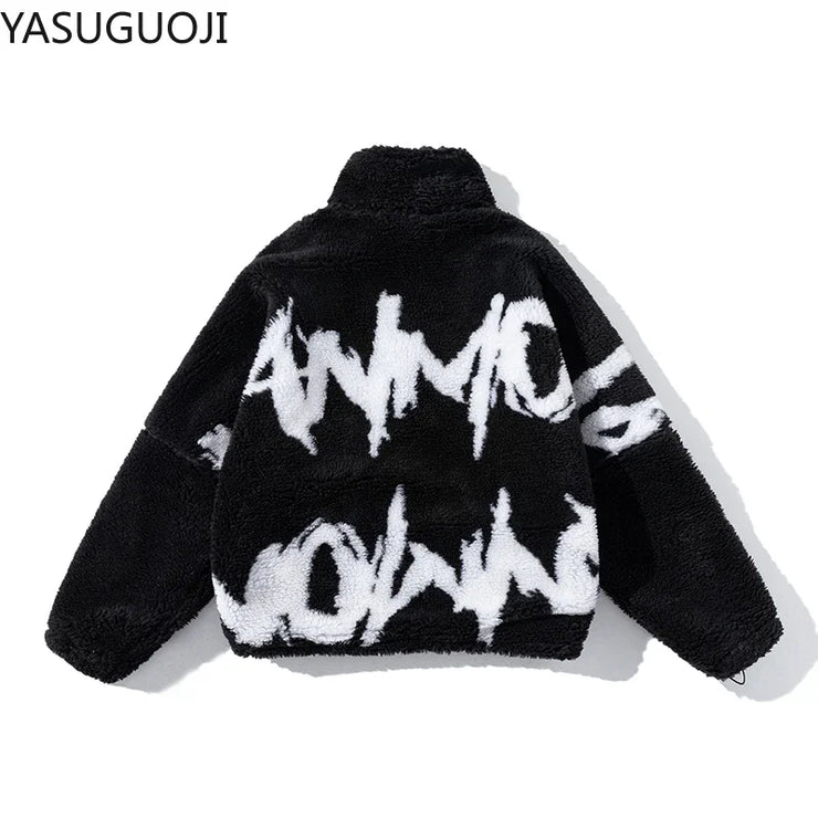 FAUX FUR LETTER PRINTRD STREETWEAR FLEECE  JIPPER COAT