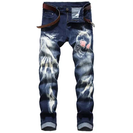 Black Wolf Pattern Printed Punk Straight denim