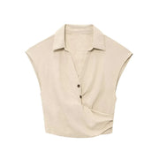 new women's fashion pleated lapel sleeveless top with buckle