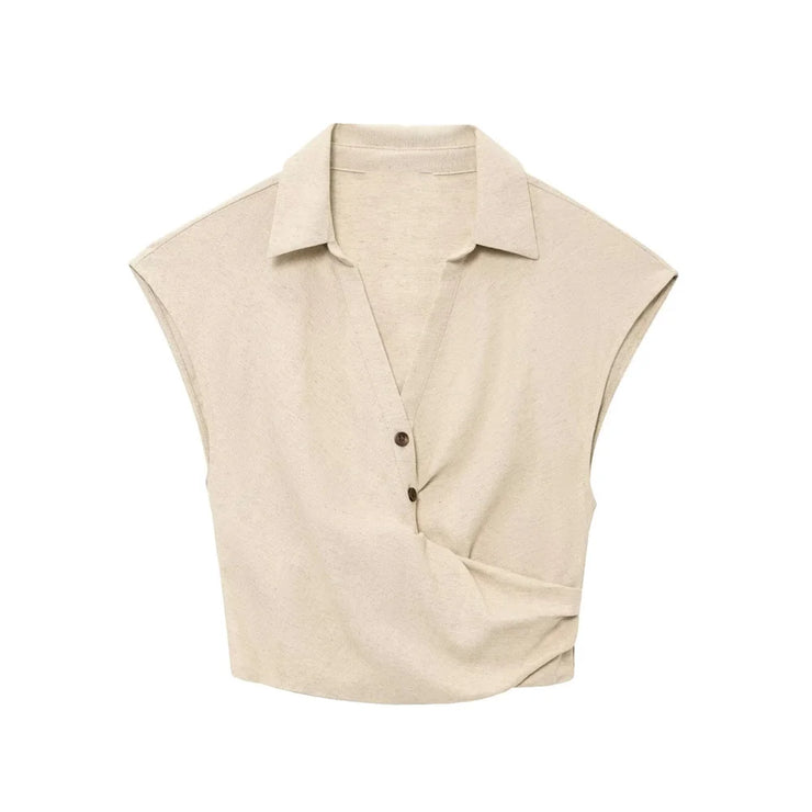 new women's fashion pleated lapel sleeveless top with buckle