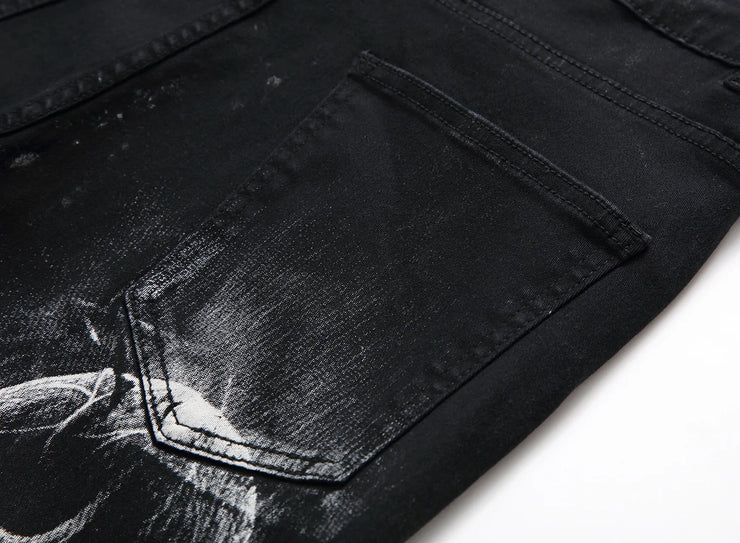 Black Wolf Pattern Printed Punk Straight denim