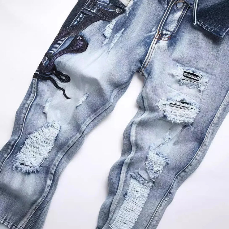 Blue Eyed Snake Embroidery Street Style Jeans