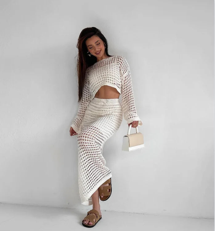 Women Casual Crochet Knit Two Piece Skirt