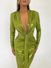 Articat Sexy Deep V Long Sleeve Lace Up Pleated Dress