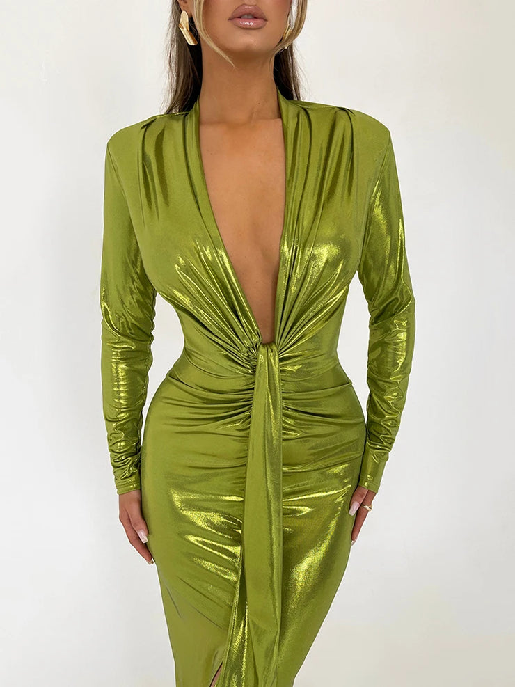 Articat Sexy Deep V Long Sleeve Lace Up Pleated Dress