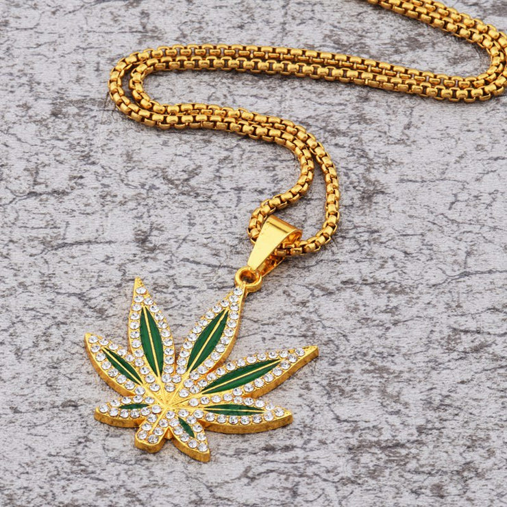 Rhinestone Weed Pendant Necklace