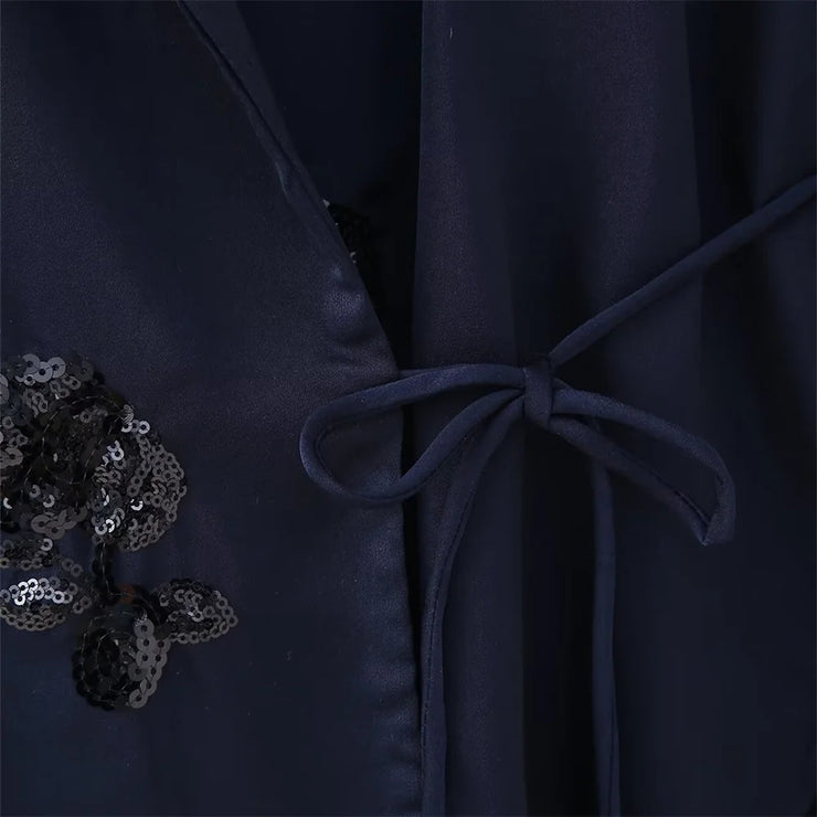 New Lace up Silk Satin Texture Suit Collar Coat Straight Leg Trouser Set
